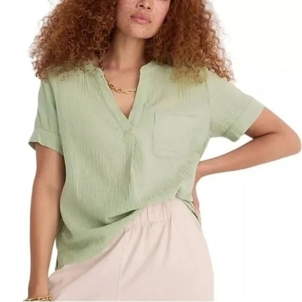 J. Crew Light Sage Green Short Sleeve V-Neck Pocket Top